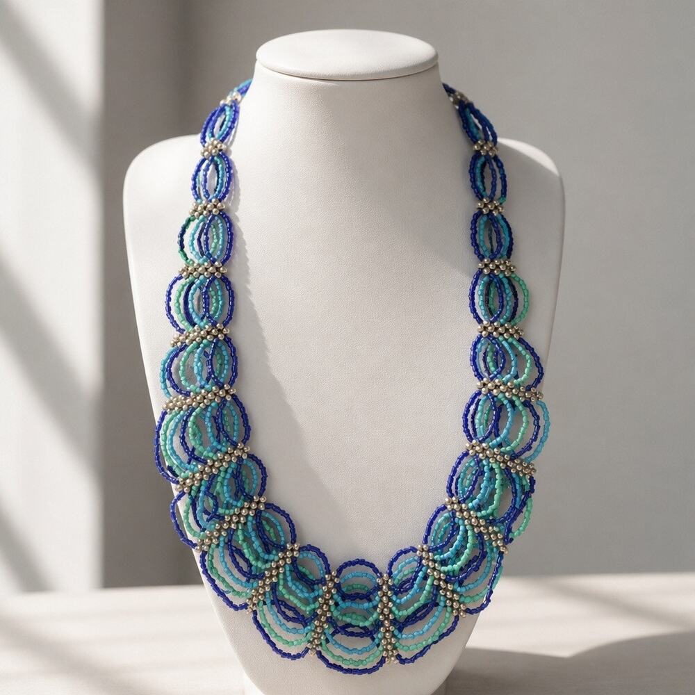 Time and Tru Blue Scalloped Beaded Statement Collar Necklace, 20"